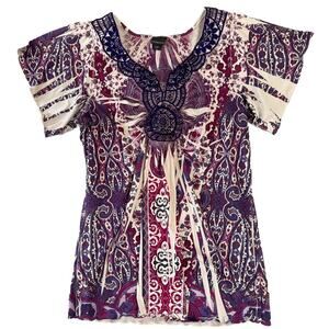 Embroidered Top Blouse Purple V-Neck Women’s Size XL Lace Embellished